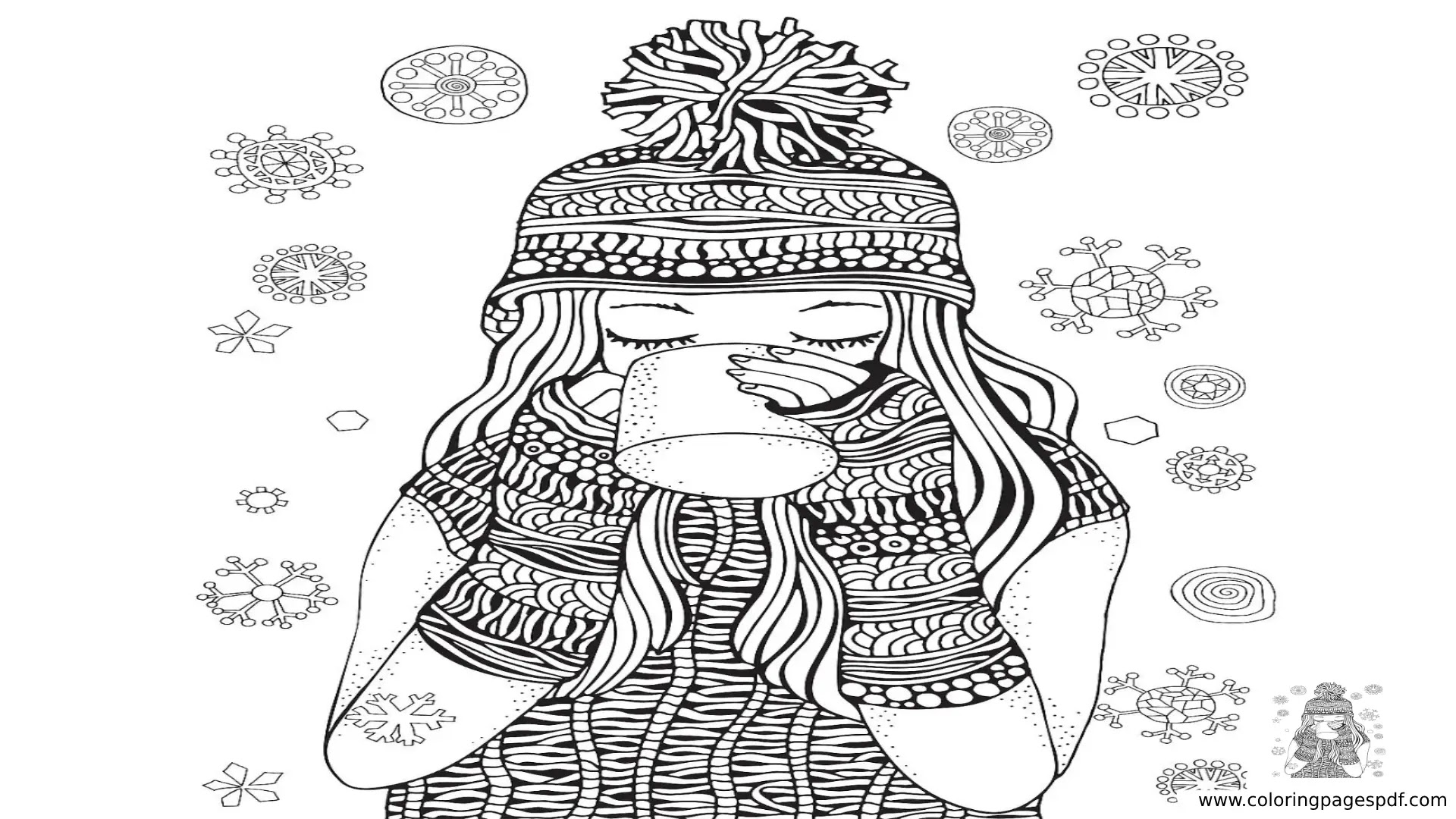 Coloring Pages Of A Girl Drinking Hot Chocolate On Winter