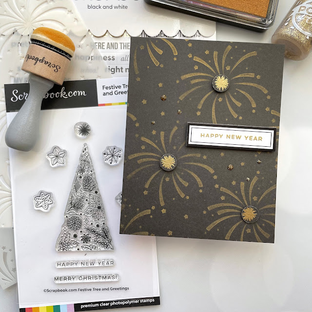 New Year's Card made with: Scrapbook.com Festive Tree and Greetings stamp, fireworks stencil, domed foam blender, gold metallic ink, Pops of Color champagne glitter, smooth cardstock Christmas, Black and White Sticker Book; Ranger super fine gold embossing powder