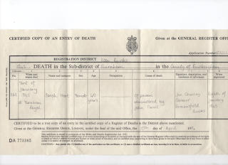 Sarah Hart death certificate 1845