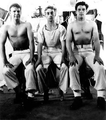 Three Sailors sitting on bench bulging crotches sexy homoerotic vintage