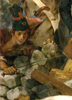 A young infantry, a boy is holding cobblestones in the romantic work Liberty Leading the People by Delacroix.