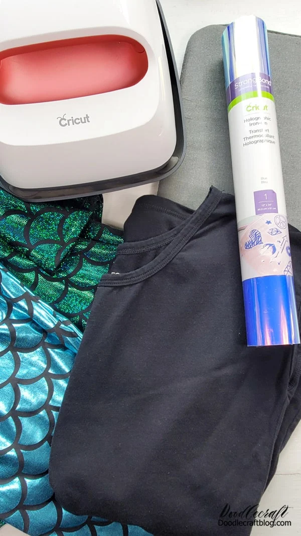 Supplies Needed for Last Minute Mermaid Costume: Shirt or Sweatshirt Cricut Cutting Machine Cricut EasyPress Cricut Holographic Iron-on  Accessories: Mermaid Leggings Mermaid Skirt Coral or Shell Necklace