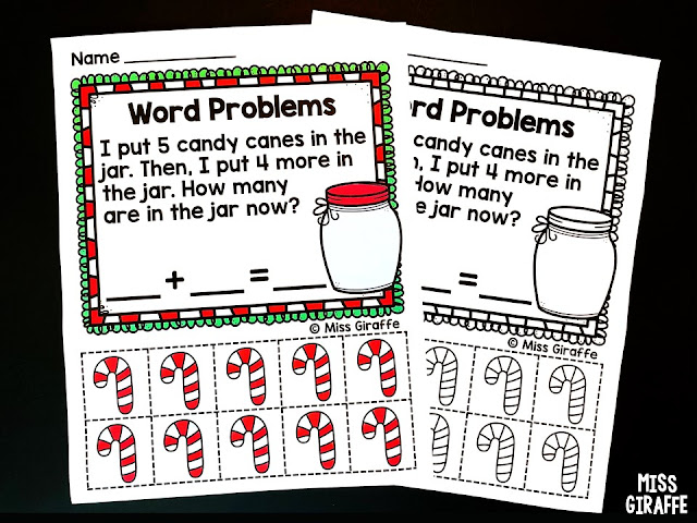 Christmas Addition to 10 Word Problem Worksheets