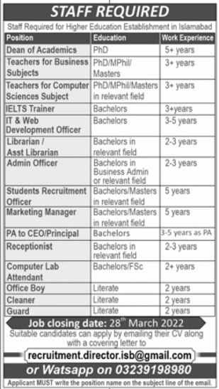 Higher Education Establishment Islamabad New Latest Jobs 2022