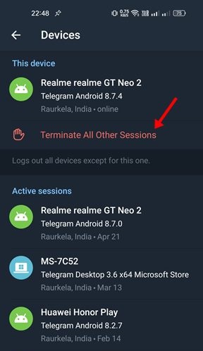 كيفية حذف الأجهزة النشطة في Telegram