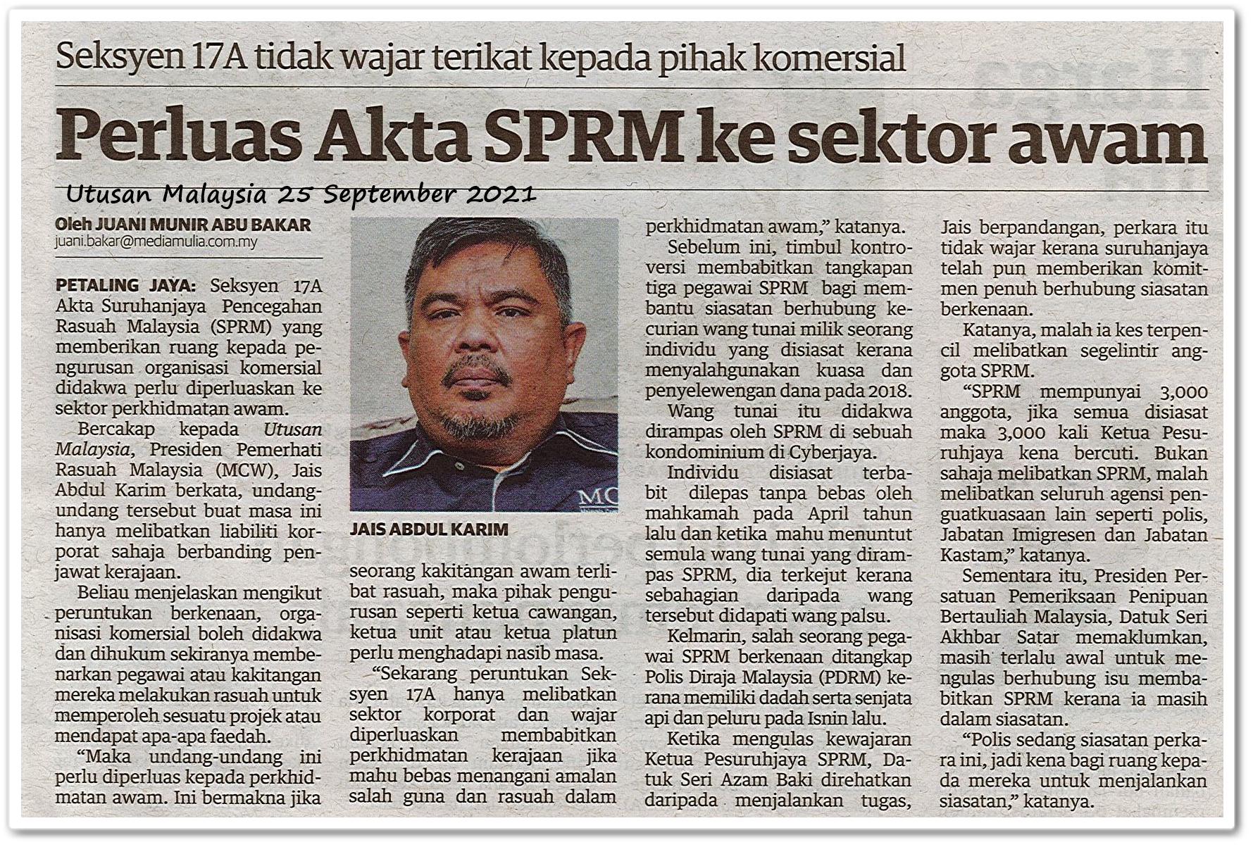 Perluas Akta SPRM ke sektor awam - Keratan akhbar Utusan Malaysia 25 September 2021