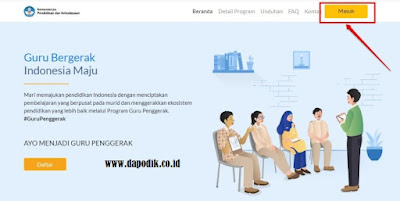 Selanjutnya pendaftar akan diarahkan pada portal khusus Guru Penggerak. Pilih tombol Masuk