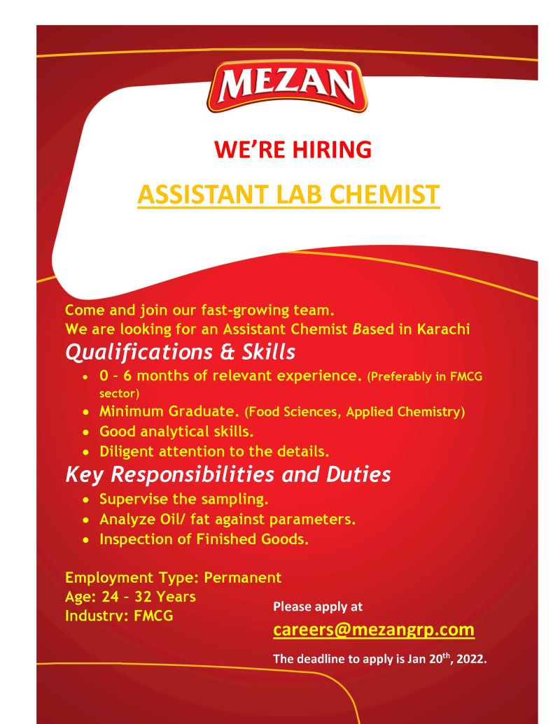 Mezan Group Jobs Assistant Lab Chemist 2022