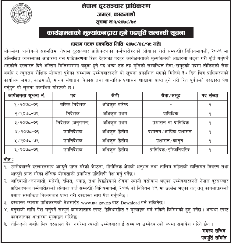 Nepal Telecommunication Authority - NTA Vacancy 2078