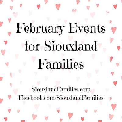 small pink hearts are scattered against a white background. in the foreground, the words "February Events for Siouxland Families"