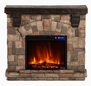 e-Flame USA Alpine LED Electric Fireplace Stove with Faux Wood and Stone Mantel