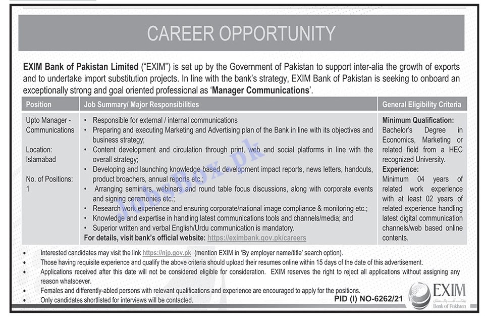 EXIM Bank of Pakistan Jobs 2022 in Pakistan