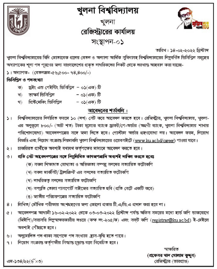 Khulna University govt  Job Circular 2021- ku.ac.bd Apply online