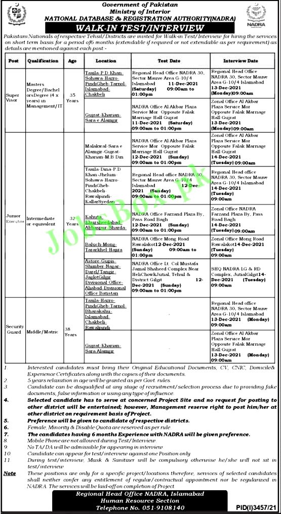 National Database and Registration Authority NADRA Jobs 2021
