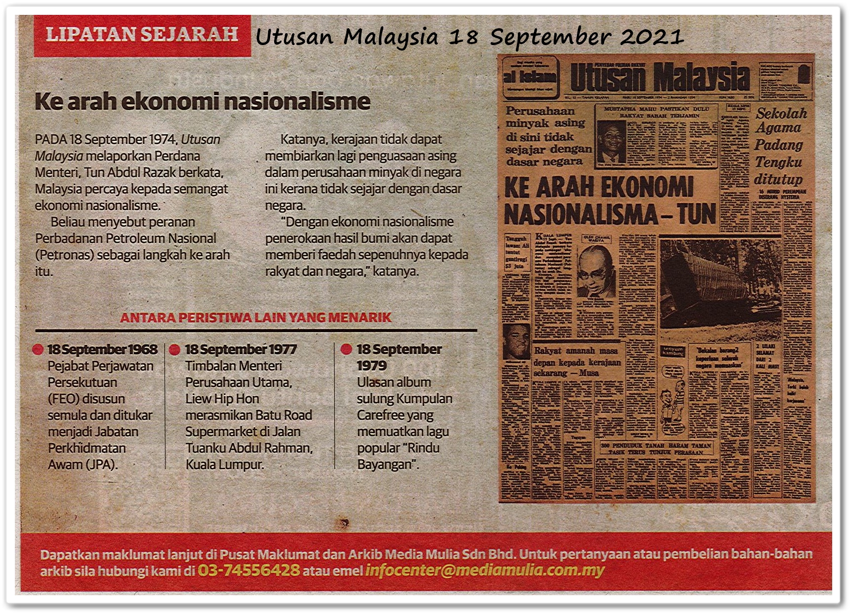Lipatan sejarah 18 September - Keratan akhbar Utusan Malaysia 18 September 2021