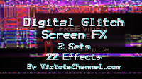 A colorful digital video glitch on a dark background.