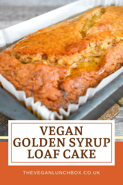 An easy vegan sticky golden syrup cake baked in a loaf tin and topped with a drizzle of golden syrup.
