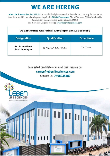 Leben Life Sciences Hiring For Sr. Executive / Asst. Manager in Research and Development (Analytical Development Laboratory) Department