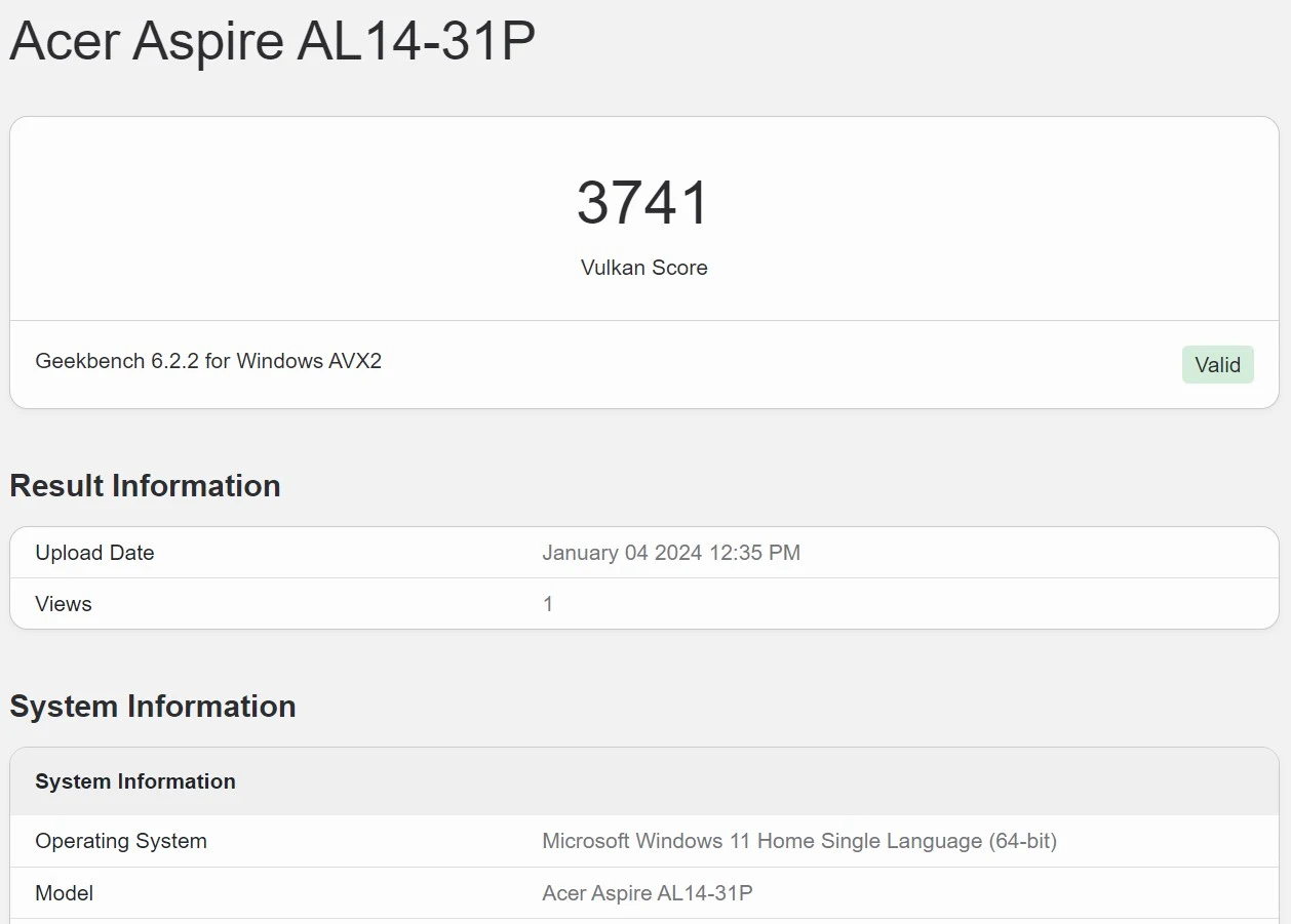 Benchmark Acer Aspire Lite 14 AL14-31P C0G4