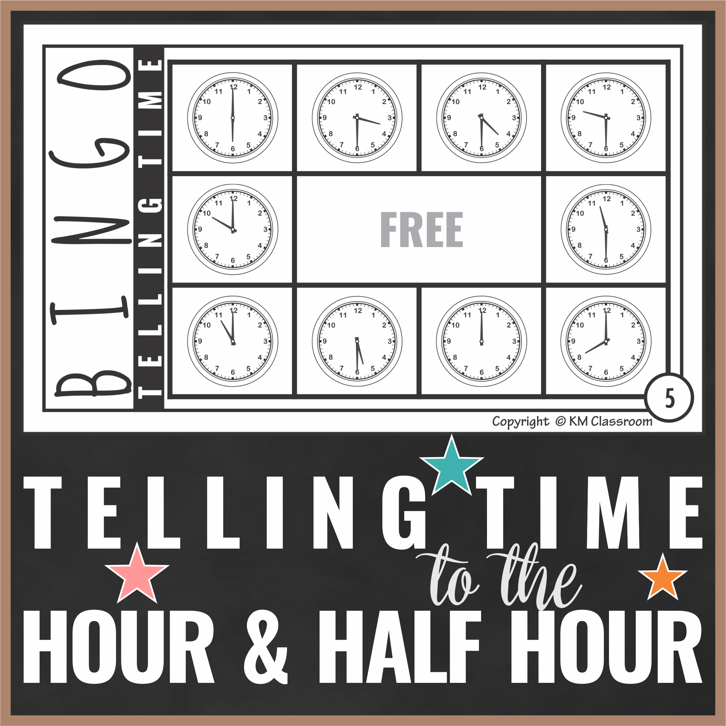 Telling Time to the Hour, Half Hour Bingo