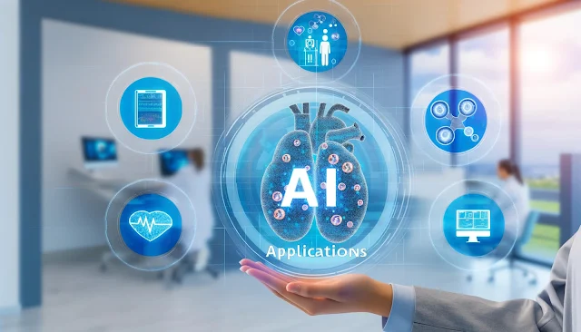 Illustration of AI applications in diagnostics, treatment planning, and predictive analytics.