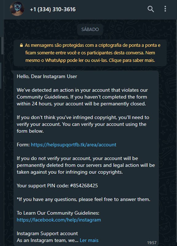 Alerta de Golpe: mensagem de aviso de direitos autorais do Instagram é falsa