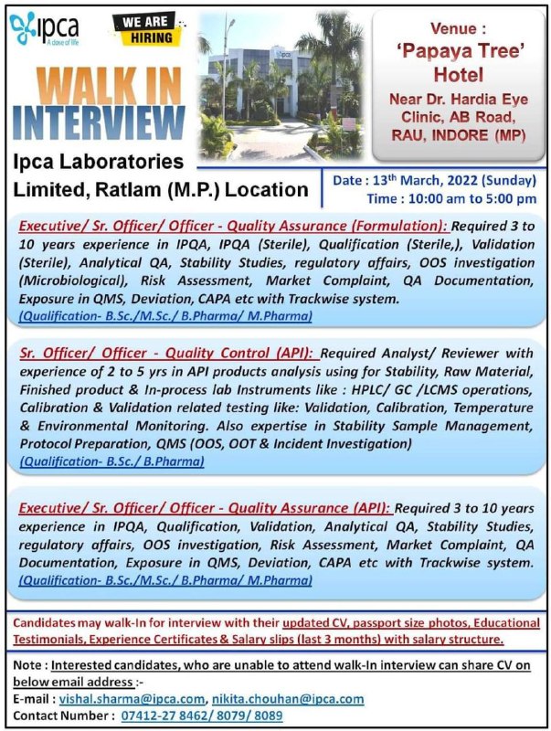 IPCA Labs | Walk-in interview for Multiple Positions at Indore on 13th March 2022