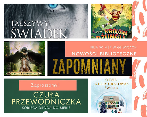 Kolaż prezentujący okładki nowości bibliotecznych.