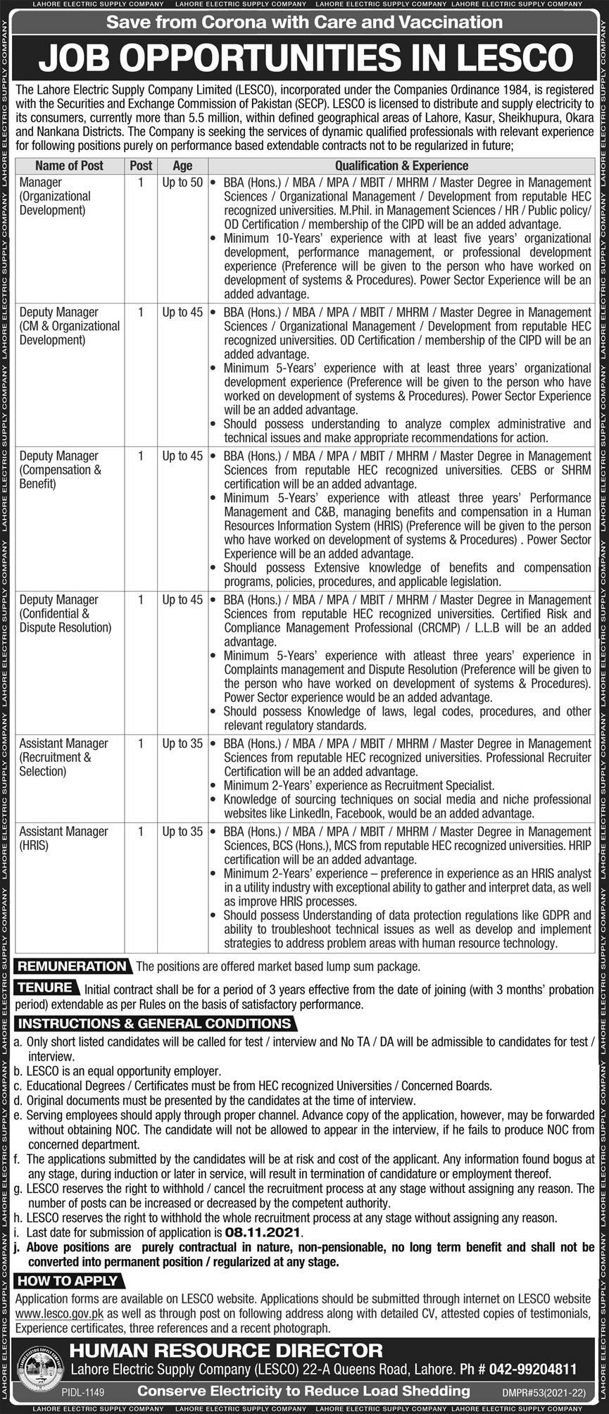 LAHORE ELECTRIC SUPPLY COMPANY JOBS 2021 |  LESCO JOBS 2021