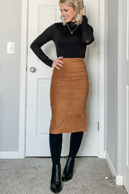 Faux suede pencil skirt with turtleneck and tights