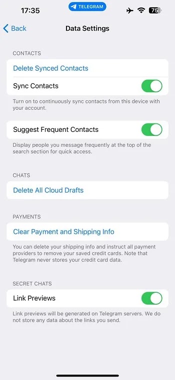 قم بتنشيط جهات اتصال Telegram Sync على iPhone، الخطوة الثالثة