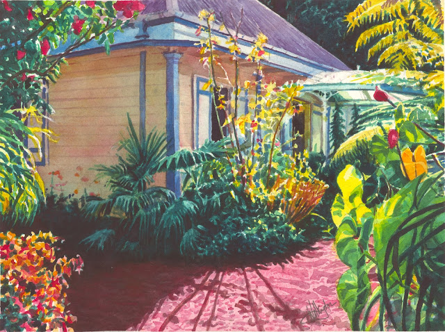 Watercolour of a sunlit corner of a creole house with many flowering plants, "La case ensoleillée," by William Walkington