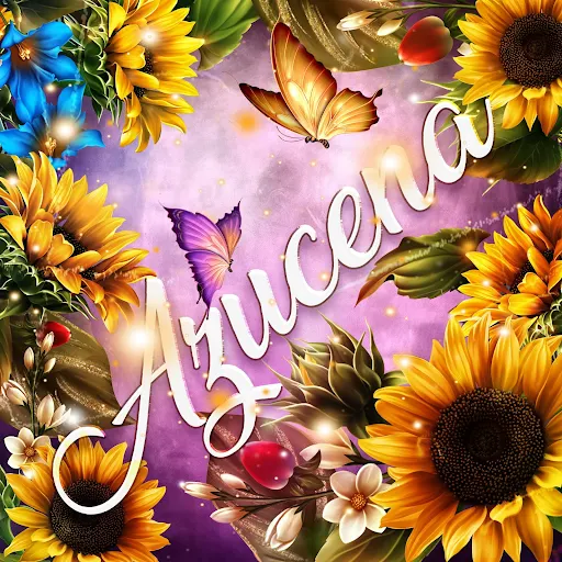 imágen con el nombre azucena con fondo de girasoles y mariposas para descargar gratis