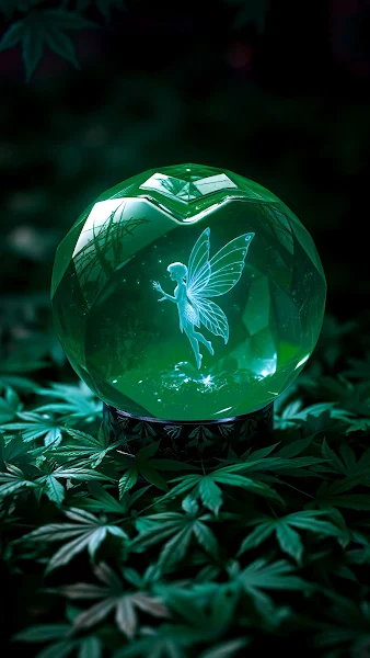 A hyper-detailed, ultra-realistic depiction of a radiant, heart-shaped magic crystal ball glowing with a vibrant crimson hue, rendered in stunning 16K HD resolution, resting gently on a bed of vibrant, richly colored maple leaves. The crystal ball emits an otherworldly glow, with intricate facets along its edges refracting light into mesmerizing patterns. A faint, mystical mist swirls gently within the ball, and the translucent fairy inside appears suspended in an eternal moment of wonder.