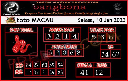 Prediksi Bangbona Toto Macau Selasa 10 Januari 2023