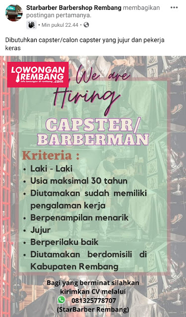 Lowongan Kerja Capster Starbarber Barbershop Rembang