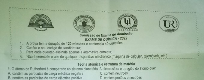 2022 - RESOLUÇÃO DO EXAME DE ADMISSÃO DE QUÍMICA DA UP-MAPUTO, UNI-PÚNGUÈ, UNI-LICUNGO E UNI-ROVUMA - 2022