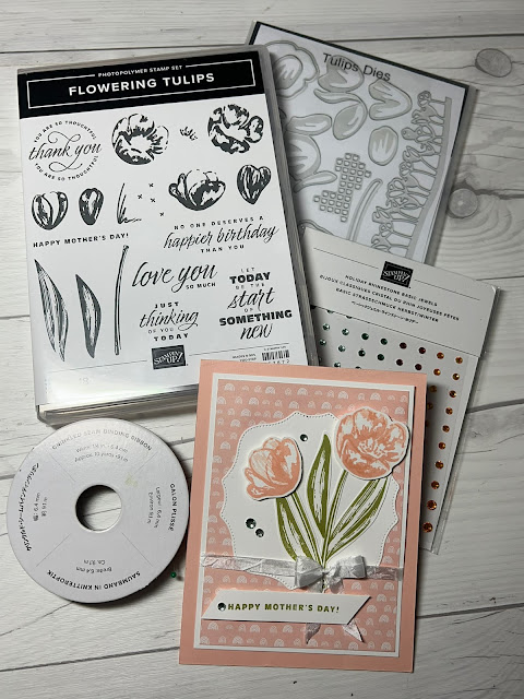 Craft items used to create this floral  Mother's Day Card featuring Stampin' Up! Flowering Tulips Stamp Set