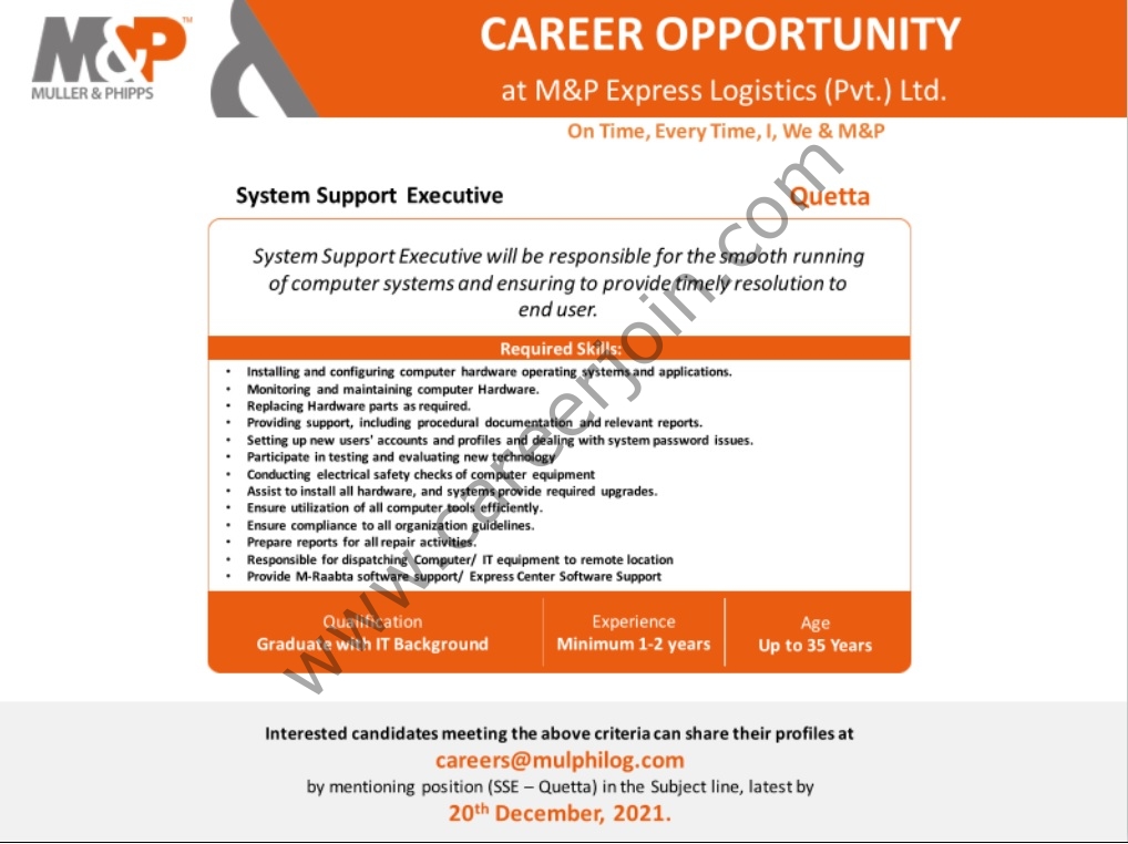 careers@mulphilog.com - M & P Express Logistics Pvt Ltd Jobs 2022 in Pakistan