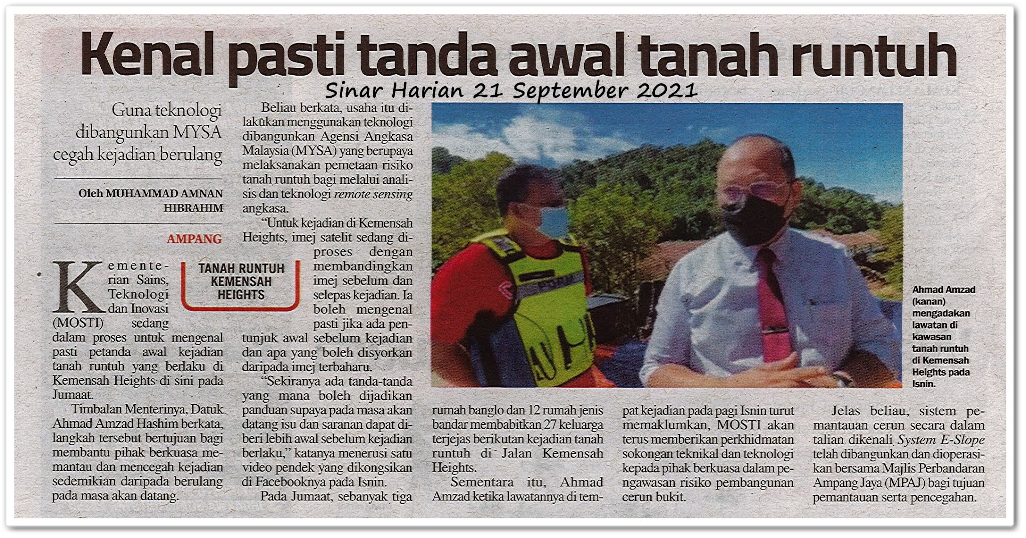 Kenal pasti tanda awal tanah runtuh - Keratan akhbar Sinar Harian 21 September 2021