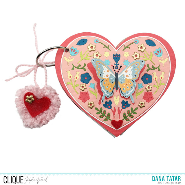 Alexandra Renke Folk Heart Mini Album with Die-cut Paper Piece Cover and Heart Shaped Pom Pom