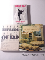 Three books arranged in a triangle position. Inside Tap by Anita Feldmand, The Book of Tap by Jerry Ames and Jim Siegelman, and Old-Fashioned Baking by Better Homes and Gardens.