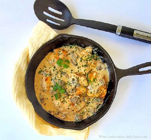 top photo of skillet chicken with wine sauce