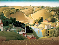 Depiction of the Stone City of Iowa by American artist Grant Wood circa 1930, who is famous for American Gothic painting.