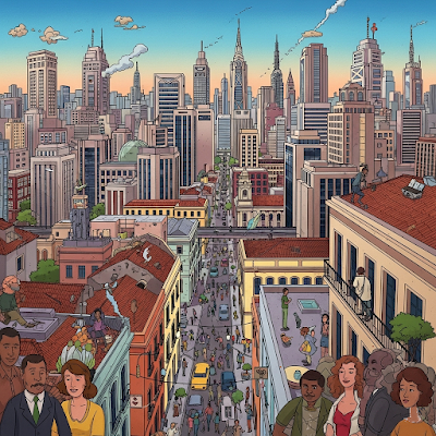 A Essência Caótica e Vibrante de Pauliceia Desvairada em Imagem A ilustração oferece um panorama de São Paulo, capturando a essência caótica, moderna e vibrante descrita por Mário de Andrade em "Pauliceia Desvairada". O cenário é um turbilhão de atividade urbana, onde arranha-céus imponentes se erguem ao lado de arquitetura colonial e ruas estreitas fervilhando de pessoas.  A imagem é uma tapeçaria colorida, um caleidoscópio de luzes e um senso dinâmico de movimento, refletindo a energia frenética da cidade. Em meio ao caos urbano, surgem vislumbres da natureza, simbolizando a presença duradoura do mundo natural na selva de pedra. A obra transmite uma sensação de maravilhamento e desorientação, traduzindo a experiência vertiginosa de uma metrópole em constante fluxo e evolução.  O estilo gráfico, com traços que remetem ao Art Déco e às graphic novels, reforça a ideia de uma cidade em plena transformação, conectando o passado e o futuro de São Paulo. A ilustração é um convite a mergulhar na complexidade e nas contradições de uma metrópole em desvario, assim como no clássico de Mário de Andrade.