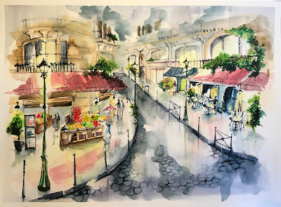 Watercolor of walking in rainy day - La Rue of Petit Paris