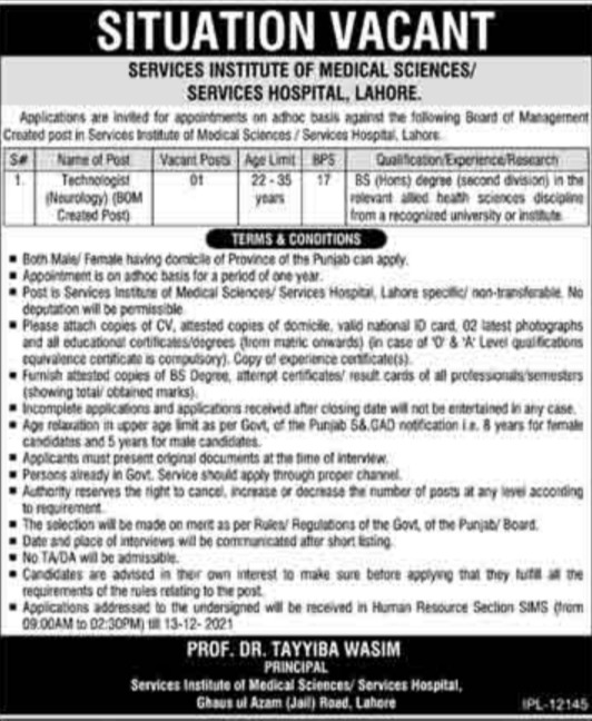 Services Hospital Lahore Technologist Jobs 2021 | Latest Job in Pakistan