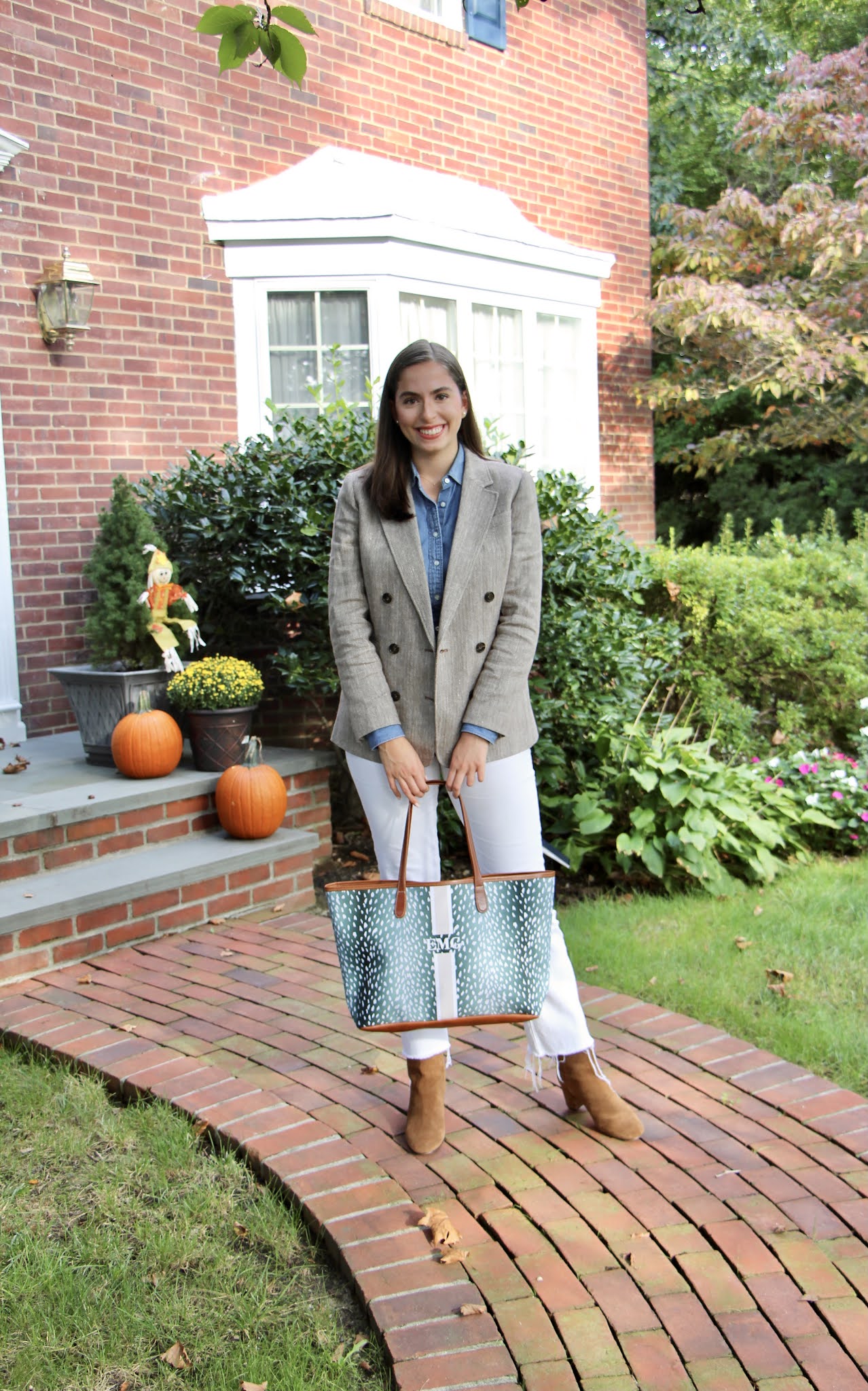 barrington gifts tote, tote bag, white jeans, chambray button down, double breasted blazer, jcrew style, brown boots