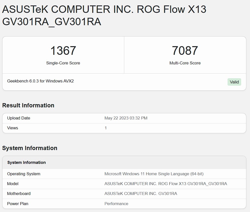 Benchmark Asus ROG Flow X13 GV301RA