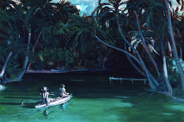 Harold Von Schmidt illustration, boating in the Amazon jungle